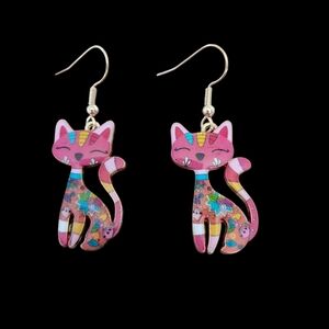Pink Kitty Cat Earrings with Stripes and Flowers Pink Ears